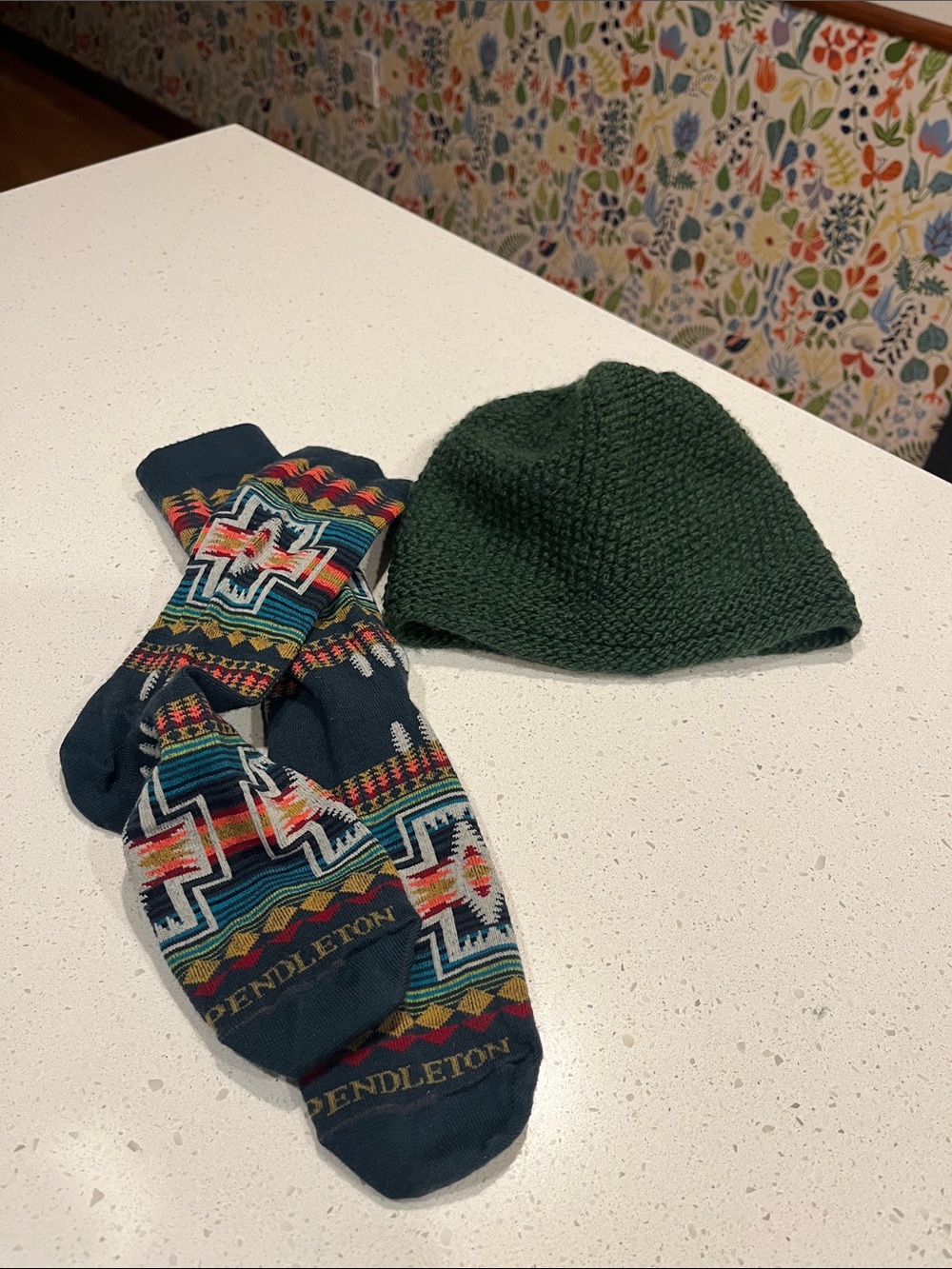 Pendleton Kids Green Knit Beanie with Multicolor Patterned Socks